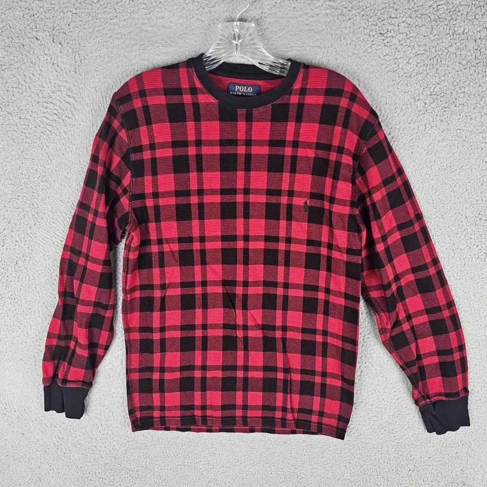Polo Ralph Lauren Shirt Mens Medium Red Black Plaid Thermal Waffle Knit Pullover
